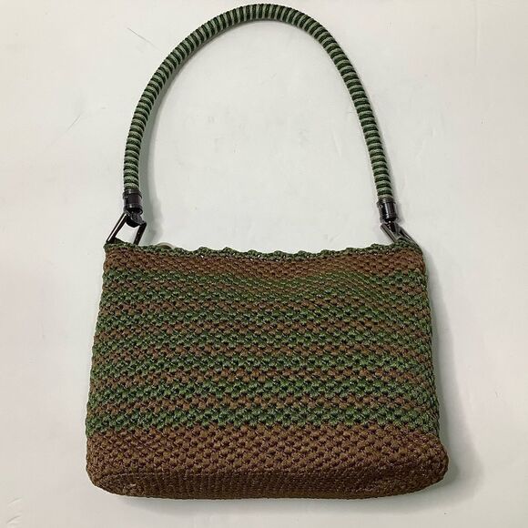 Vintage Unbranded Olive Green/Brown Knit Small Shoulder Baguette Bag - Picture 3 of 12